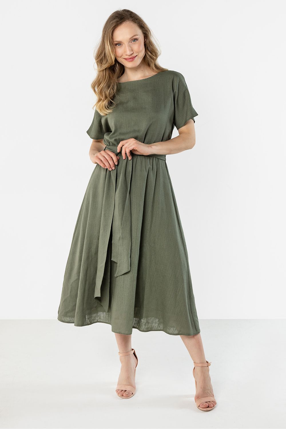 Sage Green Linen Blend Midi Dress with Tie Waist